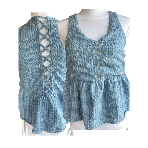 Button Front Lace-up Lattice Back Ruffled Hem Baby Doll Blouse Women's S Y2K Pep - Picture 1 of 13